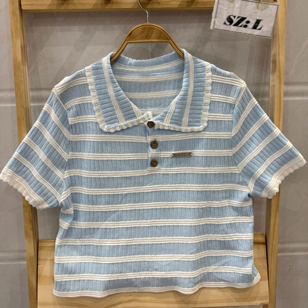 Baby Blue White Stripe Ribbed Knit Polo Collar Crop Top Cute Preppy Summer Tee